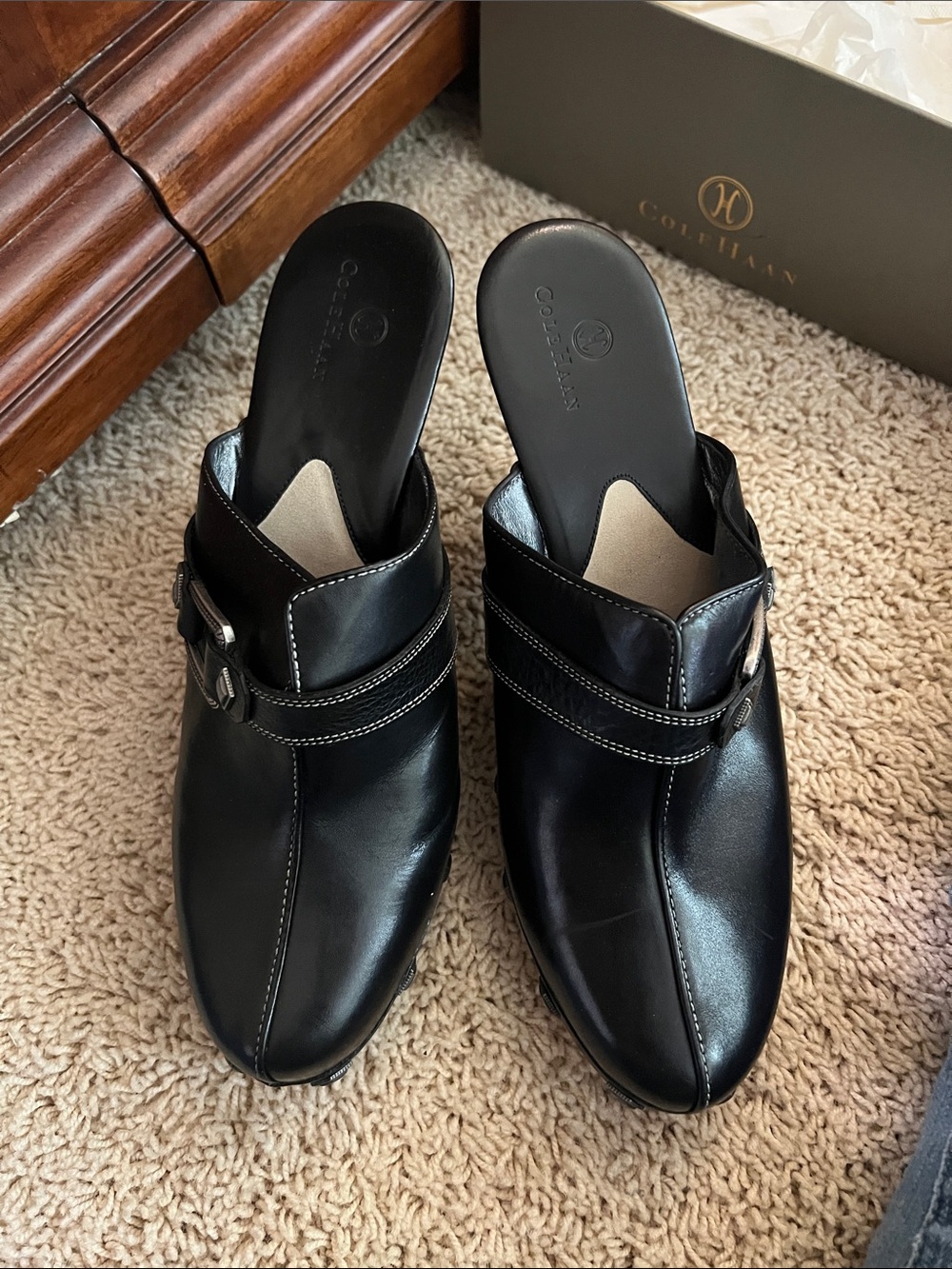 Cole Haan Black Leather Slip-On Buckle Mules